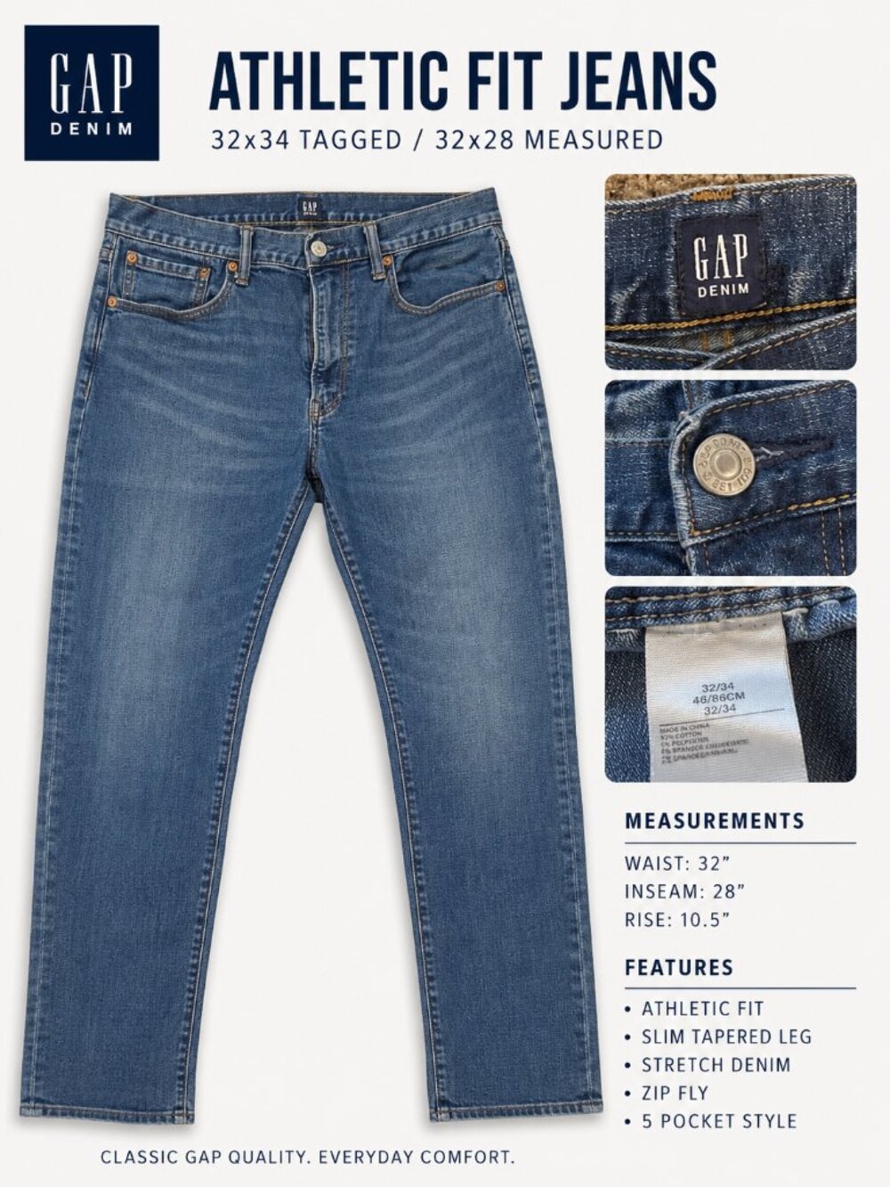 Gap Denim Athletic Fit Jeans Men’s 32x28 Blue Medium Wash Stretch Slim Taper